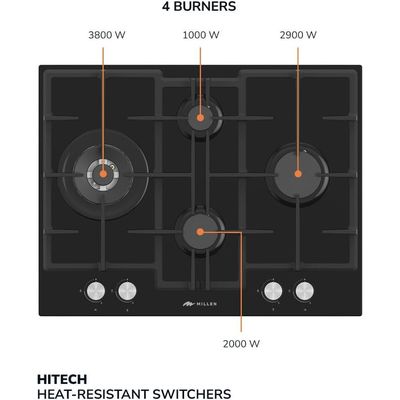 MILLEN 65 cm Built In Black Glass Gas Hob with SABAF Burners -3 Years Warranty, MGHG 6502 BL - Black
