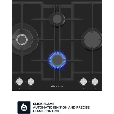 MILLEN 65 cm Built In Black Glass Gas Hob with SABAF Burners -3 Years Warranty, MGHG 6502 BL - Black