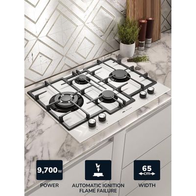 MILLEN 65 cm Built In White Glass Gas Hob with SABAF Burners - 3 Years Warranty, MGHG 6502 WH - White