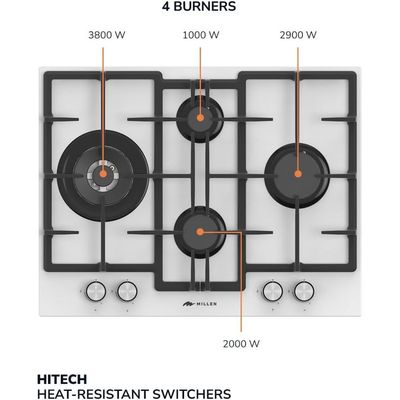 MILLEN 65 cm Built In White Glass Gas Hob with SABAF Burners - 3 Years Warranty, MGHG 6502 WH - White