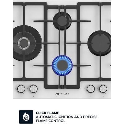 MILLEN 65 cm Built In White Glass Gas Hob with SABAF Burners - 3 Years Warranty, MGHG 6502 WH - White