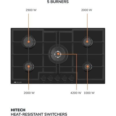 MILLEN MGHG 9001 BL 90 cm Built-in 5 Burners Gas Hob - Glass Finish, 12100 Watts, Mechanical and Electronic Ignition Control, 3 Year Warranty - Black