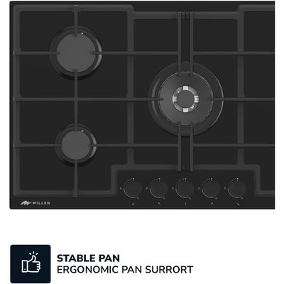 MILLEN MGHG 9001 BL 90 cm Built-in 5 Burners Gas Hob - Glass Finish, 12100 Watts, Mechanical and Electronic Ignition Control, 3 Year Warranty - Black