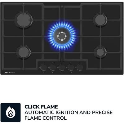 MILLEN MGHG 9001 BL 90 cm Built-in 5 Burners Gas Hob - Glass Finish, 12100 Watts, Mechanical and Electronic Ignition Control, 3 Year Warranty - Black