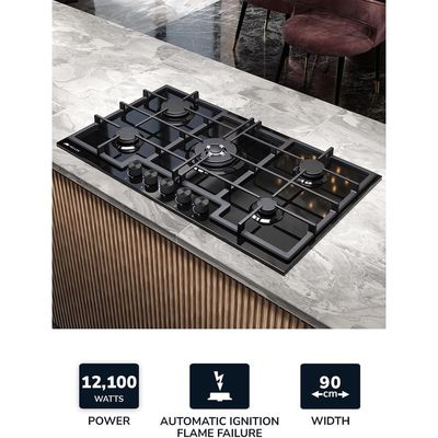 MILLEN MGHG 9001 BL 90 cm Built-in 5 Burners Gas Hob - Glass Finish, 12100 Watts, Mechanical and Electronic Ignition Control, 3 Year Warranty - Black