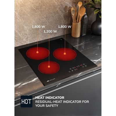 MIILLEN Built in Electric hob, 45 cm Black Glass, 3 Heating Zones, 4800W, Touch Control, MEH 451 BL, 3 Year Warranty - Black