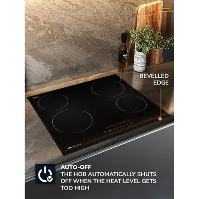 MIILLEN Built in Electric hob, 60 cm Black Glass, 4 Heating Zones, 6000W, Touch Control, MEH 601 BL, 3 Year Warranty - Black