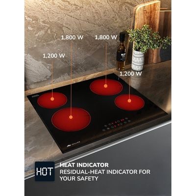 MIILLEN Built in Electric hob, 60 cm Black Glass, 4 Heating Zones, 6000W, Touch Control, MEH 601 BL, 3 Year Warranty - Black