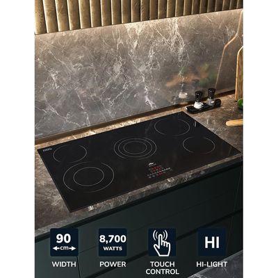 MILLEN 90 cm Built-in Electric Hob 5 Heating Zones - MEH 902 BL, Kanger Glass Ceramic, 8700 Watts, Hi-Light Heating Elements, Touch and Slider Control, 3 Year Warranty - Black