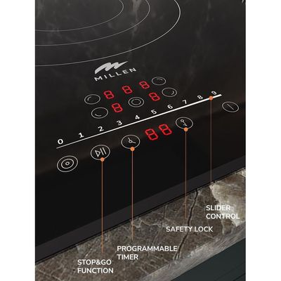 MILLEN 90 cm Built-in Electric Hob 5 Heating Zones - MEH 904 BL, Kanger Glass Ceramic, 9100 Watts, Hi-Light Heating Elements, Touch and Slider Control, 3 Year Warranty - Black