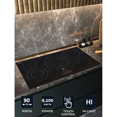MILLEN 90 cm Built-in Electric Hob 5 Heating Zones - MEH 904 BL, Kanger Glass Ceramic, 9100 Watts, Hi-Light Heating Elements, Touch and Slider Control, 3 Year Warranty - Black