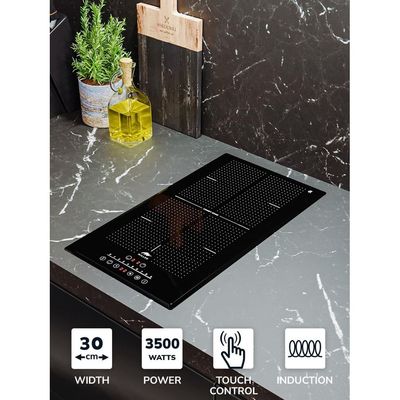 MIILLEN Built in Induction hob, 30 cm Black Glass, 2 Heating Zones, 3500W, Touch Control, MIH 302 BL, 3 Year Warranty - Black