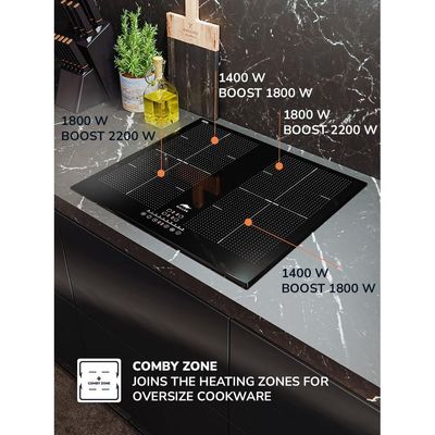MIILLEN Built in Induction hob, 60 cm Black Glass, 4 Heating Zones, 7000W, Combination zone, MIH 602 BL, 3 Year Warranty - Black