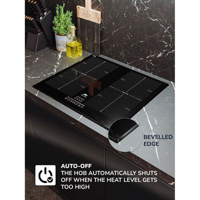 MIILLEN Built in Induction hob, 60 cm Black Glass, 4 Heating Zones, 7000W, Combination zone, MIH 602 BL, 3 Year Warranty - Black