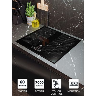 MIILLEN Built in Induction hob, 60 cm Black Glass, 4 Heating Zones, 7000W, Combination zone, MIH 602 BL, 3 Year Warranty - Black