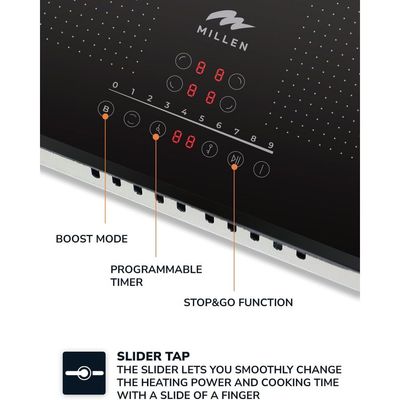 MIILLEN Built in Induction hob, 60 cm Black Glass, 4 Heating Zones, 7000W, Combination zone, MIH 602 BL, 3 Year Warranty - Black