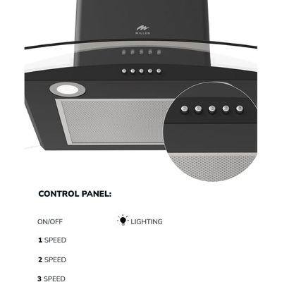 MILLEN Range Hood 60cm Curved Glass Black Chimney - MKHG 603 BL, 3 Years Warranty - Black