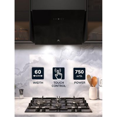 MILLEN 60cm Angled Range Hood - Tempered Black Glass, MKHG 604 BL, 3 Years Warranty - Black
