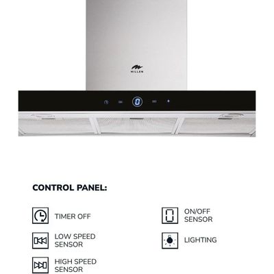 MILLEN 90 cm Black Glass/Stainless Steel Range Hood 750m3/h - MKH 905 IX, 3 Year Warranty - Silver
