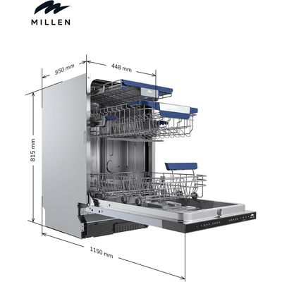 MILLEN Built-in Dishwasher 45cm - Compact and Efficient, Auto Open, Indicator,AquaStop, 3Y Warranty, MDW 45731 - Stainless Steel