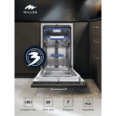 MILLEN Built-in Dishwasher 45cm - Compact and Efficient, Auto Open, Indicator,AquaStop, 3Y Warranty, MDW 45731 - Stainless Steel