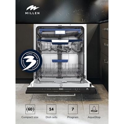 MILLEN Built-in Dishwasher - Large Capacity, Auto Open, Side Indicator, 14 place settings, 3Y Warranty, MDW60731 - Stainless Steel