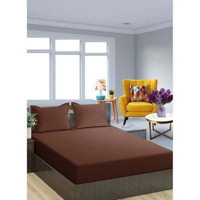Brown Double Size Stripe Deep Pocket Bed Sheet Set Cotton 150x200x35cm