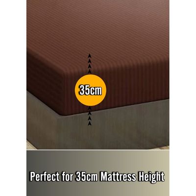 Brown Double Size Stripe Deep Pocket Bed Sheet Set Cotton 150x200x35cm