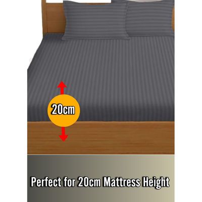Cloudy Grey Cotton King Striped Fitted Elastic Bedsheet Sets 200x200x20cm