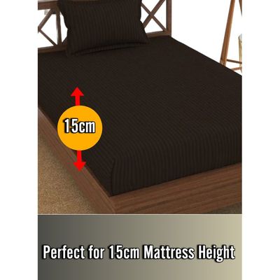 Dark Brown Cotton Single Striped Fitted Elastic Pack of 2 Bedsheet 100x200x15cm