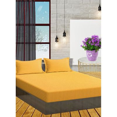 Golden Striped Double Bed Sheet Sets Cotton 3 Piece Set Deep Pocket 150x200x35cm
