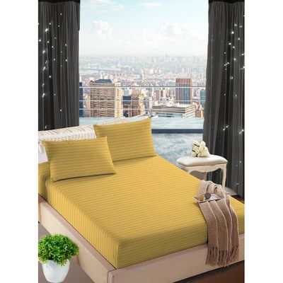 Golden Striped Bed Sheet Sets Cotton 3 Piece Set Deep Pocket 180x200x20cm