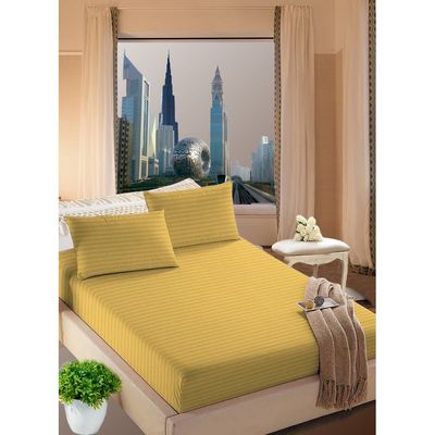 Golden Striped Queen Size Sheet Set Deep Pockets Machine Washable 180x200x20cm