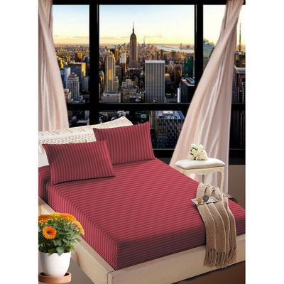 Maroon Striped Design Bed Sheet Set Deep Pocket Machine Washable 150x200x20cm