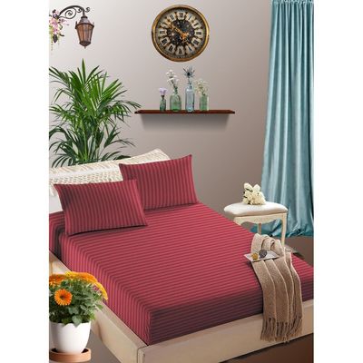 Maroon Double Size Stripe Bed Sheet Set Cotton 150x200x20cm