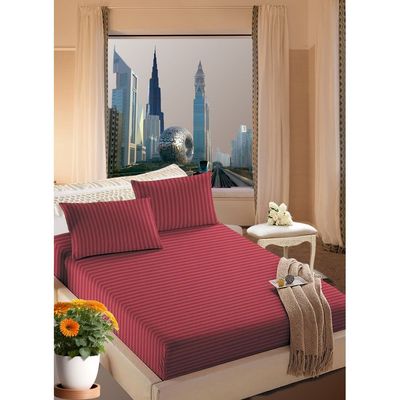 Maroon Cotton Double Striped Fitted Elastic Pack of 3 Bedsheet 150x200x25cm