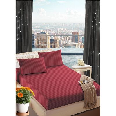 Maroon Striped Double Bed Sheet Sets Cotton 3 Piece Set Deep Pocket 150x200x35cm