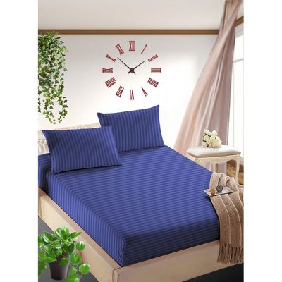 Navy Blue Striped Double Size Sheet Set Deep Pockets Machine Washable 150x200x35cm