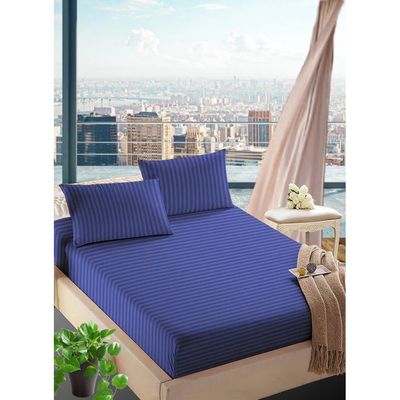 Navy Blue Cotton Queen Striped Fitted Elastic Bedsheet 180x200x20cm