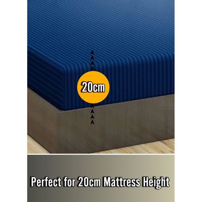 Navy Blue Cotton Queen Striped Fitted Elastic Bedsheet Sets 180x200x20cm