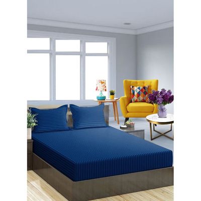 Navy Blue Cotton Queen Striped Fitted Elastic Bedsheet Sets 180x200x25cm
