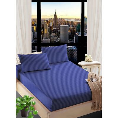 Navy Blue King Size Striped Bed Sheet Set Cotton 200x200x25cm