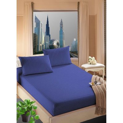 Navy Blue Striped Bed Sheet Sets Cotton 3 Piece Set Deep Pocket 200x200x35cm