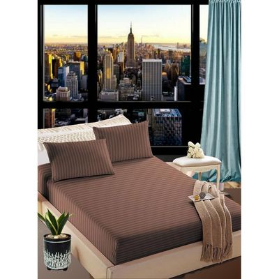 Pastel Brown Double Size Stripe Deep Pocket Bed Sheet Set Cotton 150x200x20cm