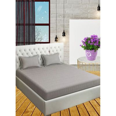 Silver Deep Pocket Double Size Striped Bed Sheet Set Cotton 150x200x25cm