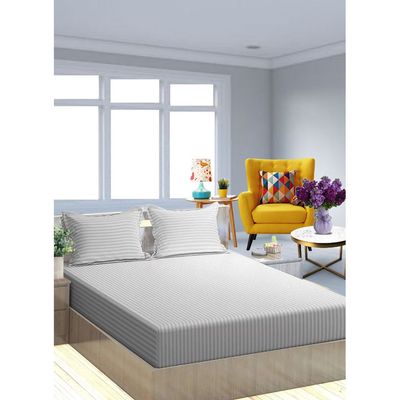 Silver King Size Stripe Bed Sheet Set Cotton 200x200x20cm