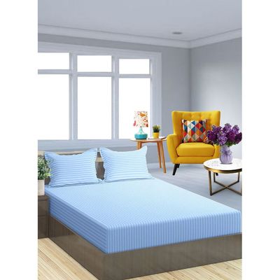 Sky Blue Cotton Single Striped Fitted Elastic Pack of 2 Bedsheet 100x200x15cm