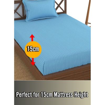 Sky Blue Cotton Single Striped Fitted Elastic Bedsheet Set 100x200x15cm