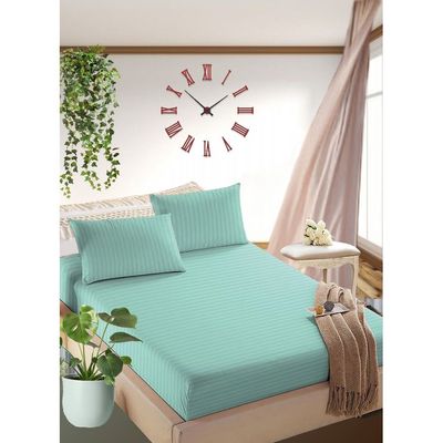 Light Green Double Size Stripe Bed Sheet Set Cotton 150x200x35cm