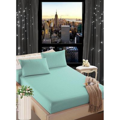 Light Green Cotton Queen Striped Fitted Elastic Pack of 3 Bedsheet 180x200x20cm